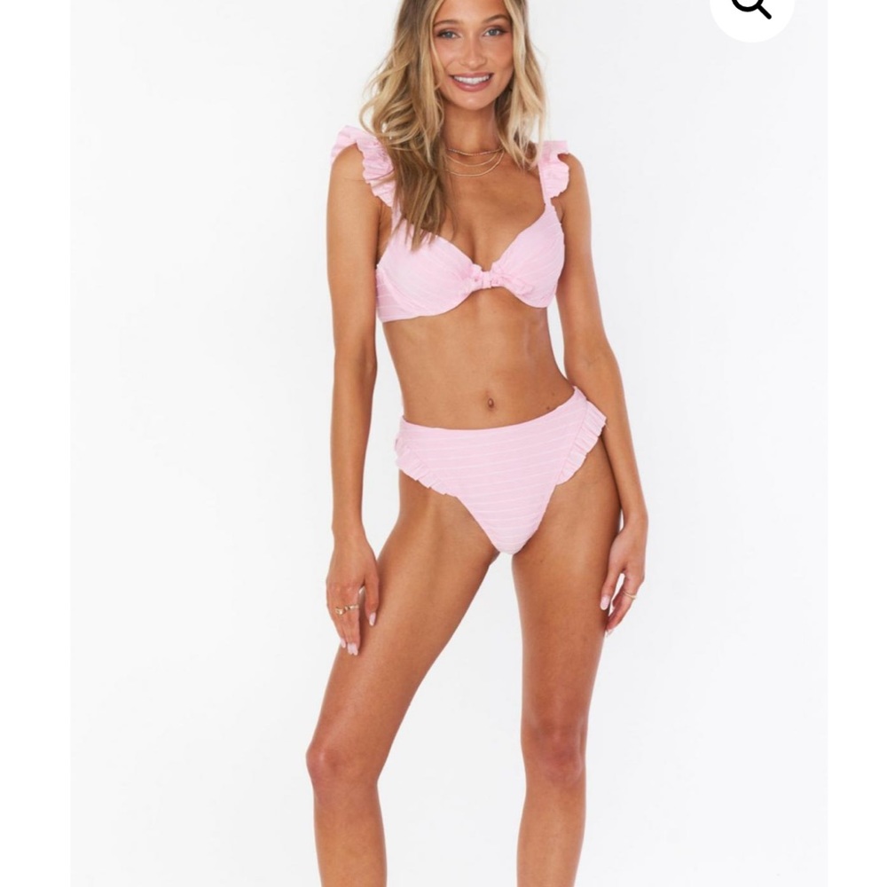 Show me your MUMU retro  pink ruffle bikini top underwire adjustable straps SZ M